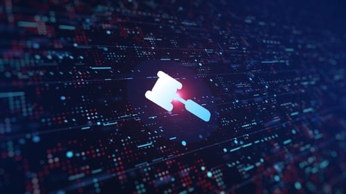 Futuristic Digital Gavel Icon with Data Grid Animation