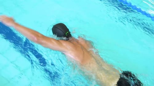 A Professional Swimmer Swims the Crawl in an Indoor Pool - Top View
