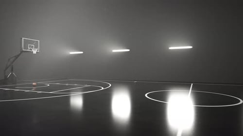 Wide view at the basketball court. Lights, dust and smoke. Nightly scenery. 4KHD