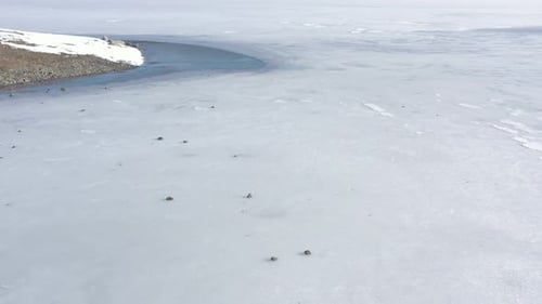 Vídeo de Zumbido 4K sobre la superficie del lago congelado y la zona costera