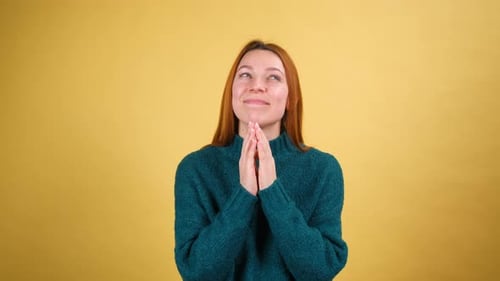 Young Red Hair Woman Posing Isolated on Yellow Color Background Studio