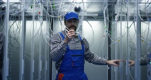Technician Working on Data Server with Hanging Cables