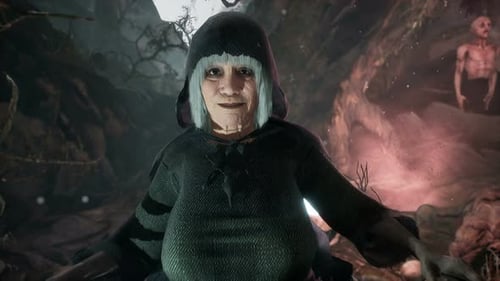 Surreal 3D Old Witch Character with Magical Glowing Hands in Dark Cave