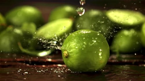 Close Up of Limes Being Sprayed with Water