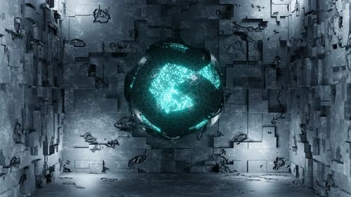 Objet de science-fiction avec une énergie lumineuse au centre. Sphère métallique rotative