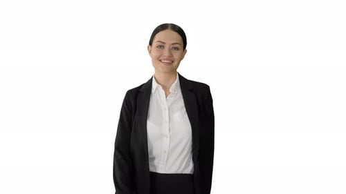 Smiling Young Business Woman Doing a Cheerful Walk on White Background