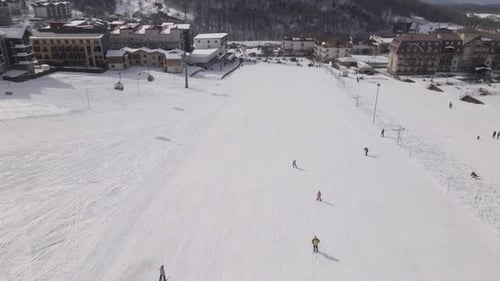 Vue aérienne de la station de ski avec ses pentes enneigées et ses arbres d'hiver.