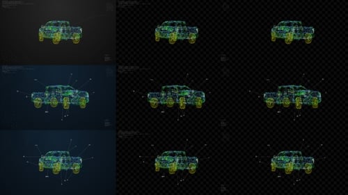 Futuristic Wireframe Pickup Truck Digital Reveal HUD