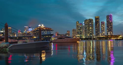 Miami, Florida, USA - Timelapse. Cruise Ship on Miami Skyline Time Lapse. Miami Time Lapse