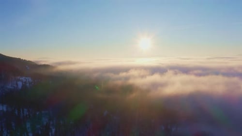 Misty Valley Over Snowcovered Mountains and Green Forests