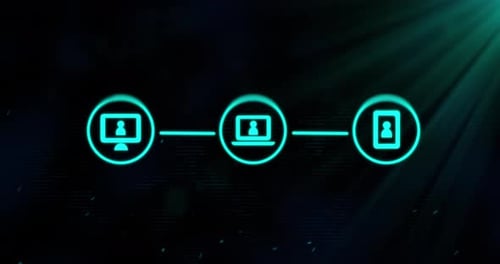 Animation of three green digital computer interface icons on glowing green background