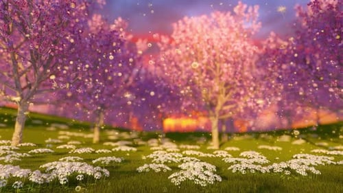 Dreamy Spring Meadow with Pink Cherry Blossom Trees and Glowing Particles