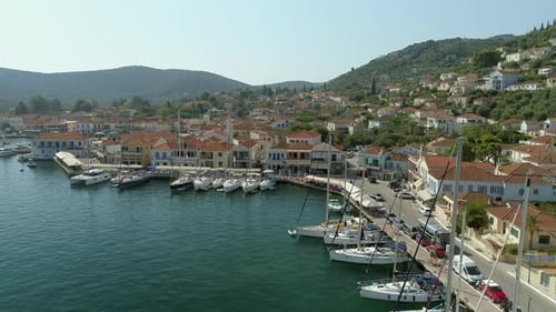 Aerial view of harbor on the bay at mediterranean sea, Greece.