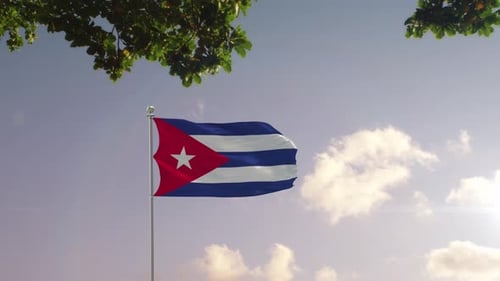 Waving Cuban Flag with Modern City Skyline Background