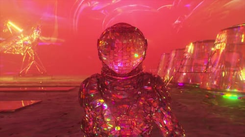 Glowing Geometric Astronaut Walking in Futuristic Red Landscape