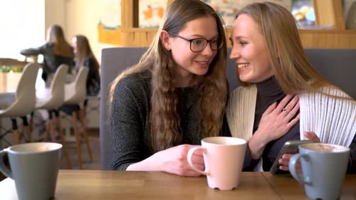 Two Friends Woman in Cafe Using Mobile Phone and Have Fun Communicating