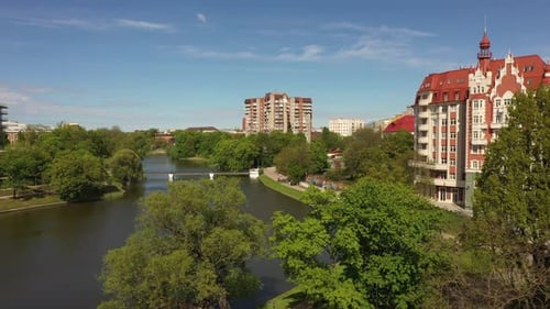 Aerial view of the buildings on embankment of Lower Lake