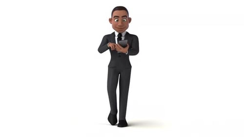 3D Cartoon Businessman Walking and Using a Smartphone