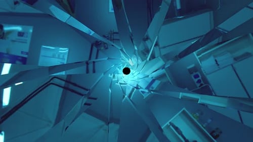 Fliegen durch einen Spiegeltunnel mit futuristisch gemusterten Texturen, die ein Science-Fiction-Muster bilden