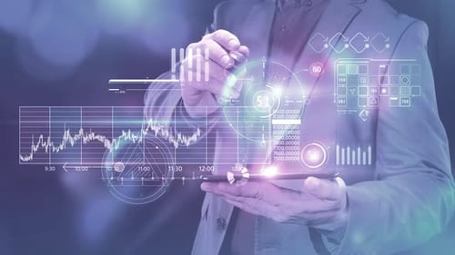 Businessman Works With Stock Infographics In The Virtual Panel Of The Phone 4K