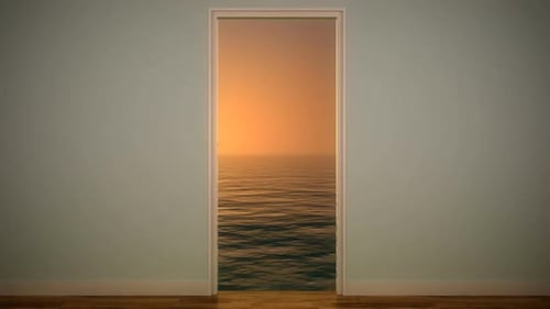 Animation of entering doors with open marine or oceanic environment behind. HD