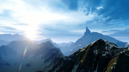 Berglandschaft Und Eine alte Festung auf einem Felsen.