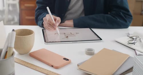 Lviv Ukraine May 28 2020 Male Person Using Stylus While Drawing on Digital Tablet