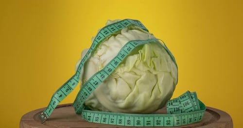 Cabbage Head Bound by Measuring Tape on Yellow Background