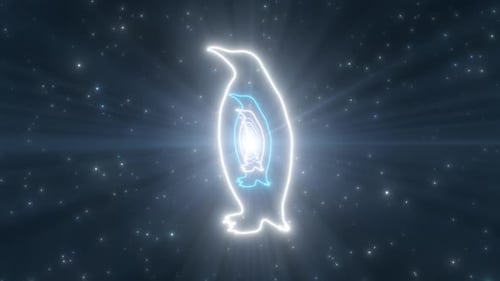 Penguin Shape Outline in Cold Antarctic Winter Sky Neon Lights Tunnel - 4K