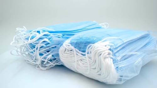 Close up of blue disposable medical face masks