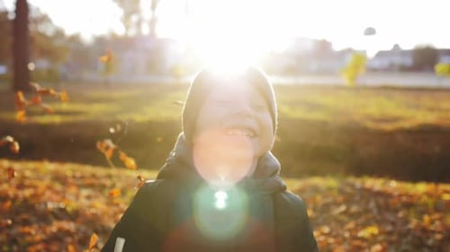 Child Having Fun Throwing Autumn Leaves in Park