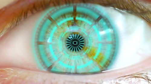 Opening Eye To Reveal Digitales Hud-Hologramm über Pupille Blau 01