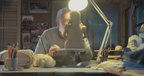 Close up of an old sculptor working on a clay sculpture in his small studio