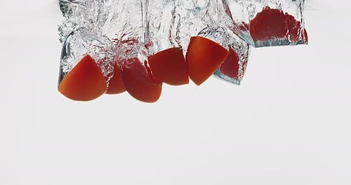 Red Tomatoes, solanum lycopersicum, Fruits falling into Water against White Background, Slow Motion
