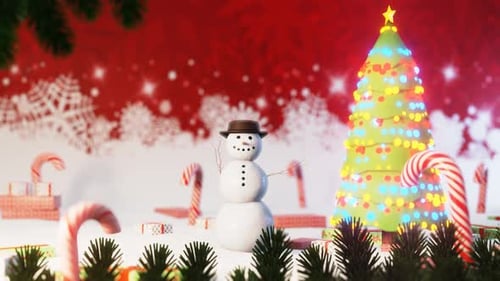 Animated Christmas Winter Scene with Snowman and Flashing Tree Lights
