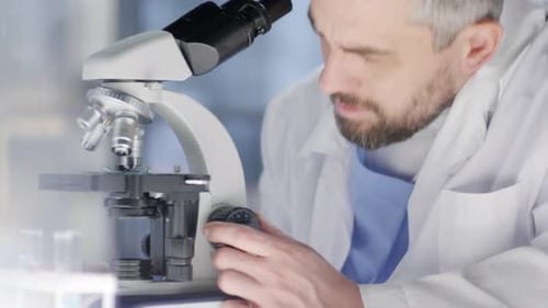 Scientist Uses Microscope for Research in Bright Lab