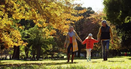 madre, padre e hija caminando de la mano al aire libre