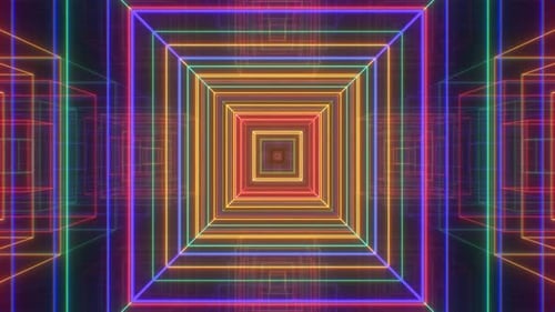 Tunnel carré futuriste arc-en-ciel et néon brillant de faisceaux laser électriques - 4K