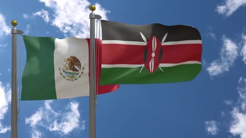 National Flags of Mexico and Kenya Waving on Flagpoles