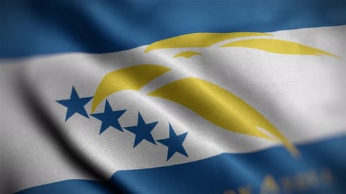 Waving Flag with Blue Stars and Abstract Yellow Emblem