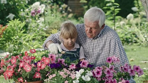 Girl Learns Gardening from Senior in Rural Garden