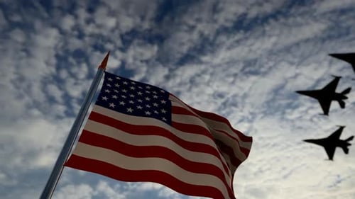 Waving American Flag with Military Jets and Soldier Silhouette