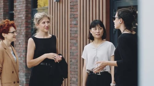 Young Diverse Businesswomen Having Discussion on City Street