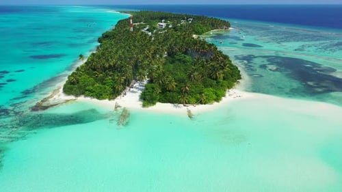 Wide above tourism shot of a summer white paradise sand beach and aqua turquoise water background in