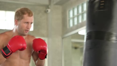 Shirtless Man Boxing Heavy Bag in Gym