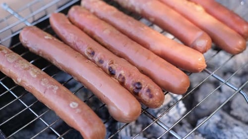 Closeup View of Tasty Sausages Grilling on Charcoal Grill Grate