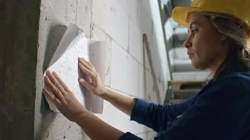 Woman Studying Blueprint on Concrete Wall Indoors