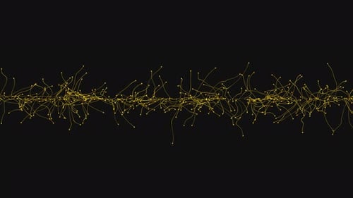 Des particules dorées scintillantes se déplacent de manière abstraite dans l'espace sur un fond transparent.