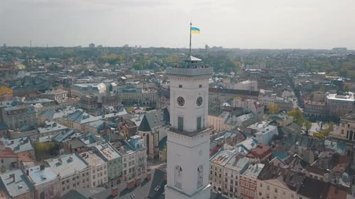 Aerial City Lviv, Ukraine. European City. Popular Areas of the City. Town Hall