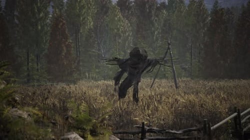 Terrible Scarecrow in Dark Cloak and Dirty Hat Stands Alone in Autumn Field